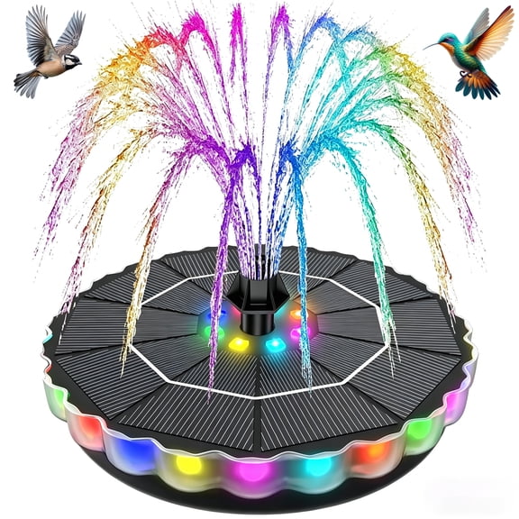 3.5W Solar Fountain for Bird Bath with 1800mAh Battery & 3D Color Changing LED Light, Solar Bird Bath Fountains with with 4 Fixers & 8 Nozzles ,Solar Powered Water Fountain for Garden, Pond, Outdoor