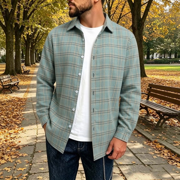 LYSMORA Men's Plaid Flannel Shirt Long Sleeve Button Down Collared Shirt Loose Fit Casual Shacket for Outdoor Daily Wear