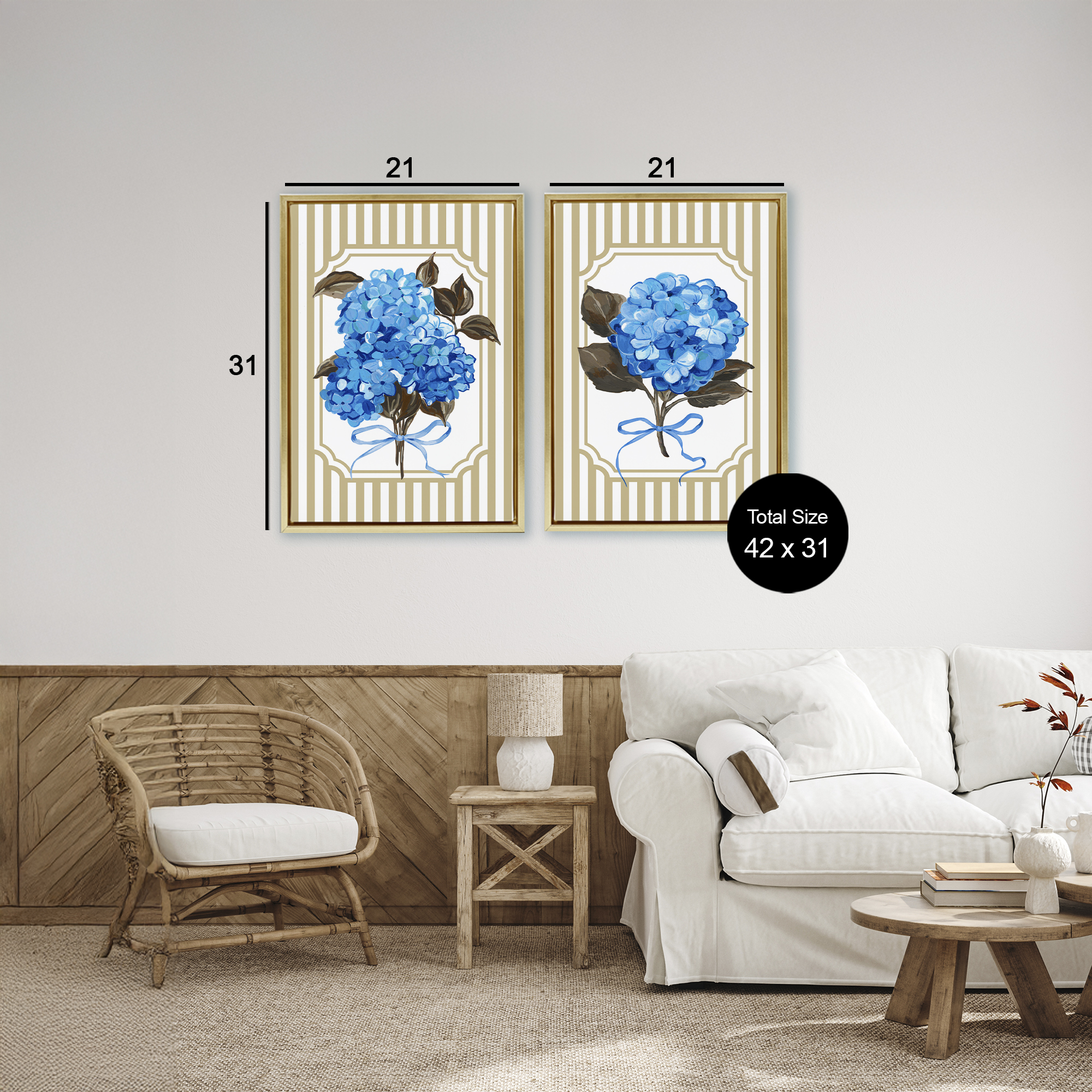 Hydrangea Bouquets with Bows 2 Piece Gold Framed Floater Canvas Set, design by Adonna Ebrahimi