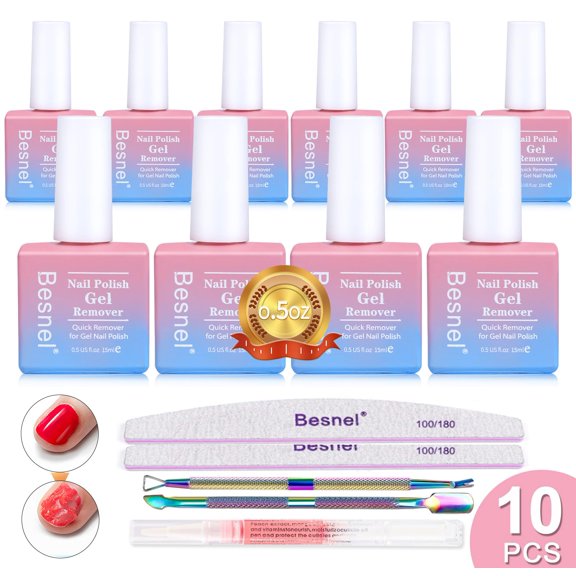 Removedor de esmalte de uñas en gel BESNEL, paquete de 10 con kit de herramientas de 15 ml