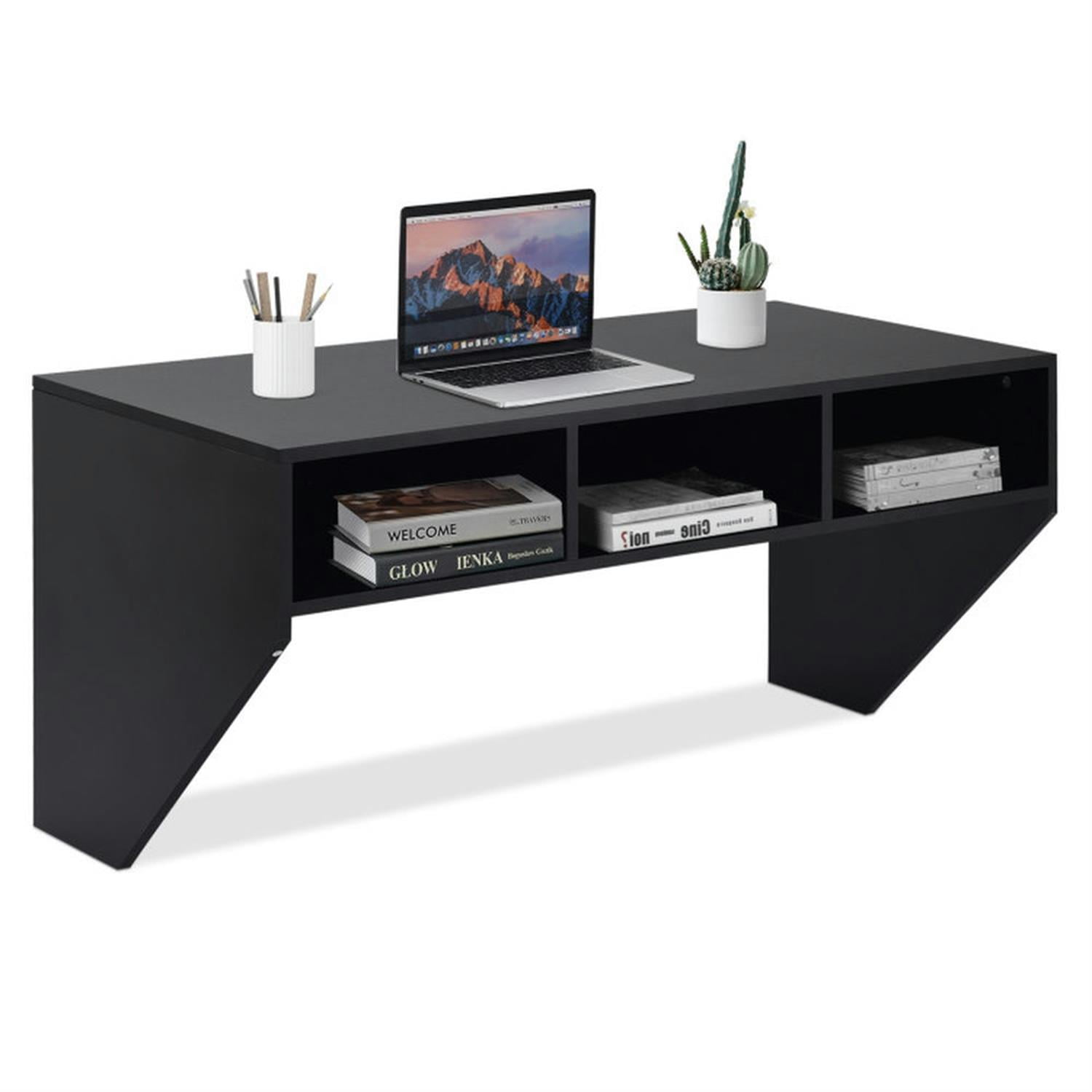 Demi Bonn Wall Mounted Floating Sturdy Computer Table with Storage Shelf, Laptop Workstation for Laptops, Books, Tablets, and Art, Black