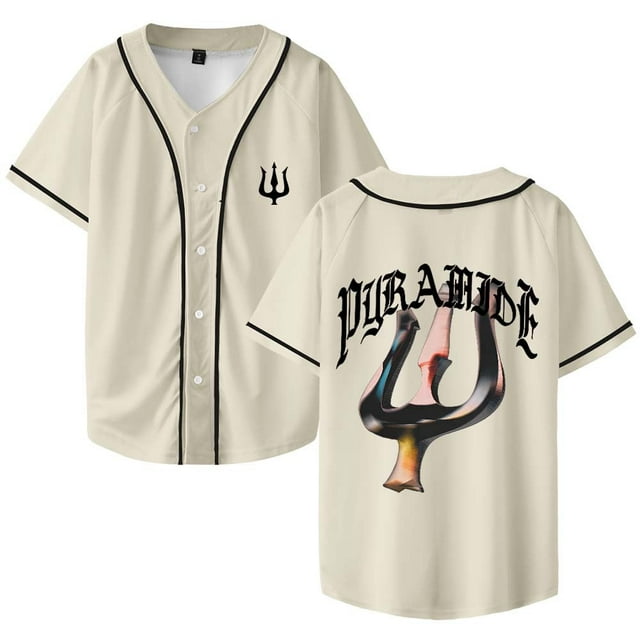 Werenoi Maillot de Baseball Pyramide 2 Merch Col en V pour Femmes et Hommes Manches Courtes Mode Urbaine, L, Beige