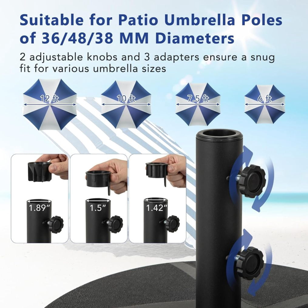 WJSP Patio Umbrella Base, 88LBS Capacity Water & Sand Fillable Market Table Umbrella Stand Fit 1.89"/1.5"/1.42" Umbrella Poles w/ 2 Adjustable Knobs, Weighted Base for Poolside Garden Deck Lawn