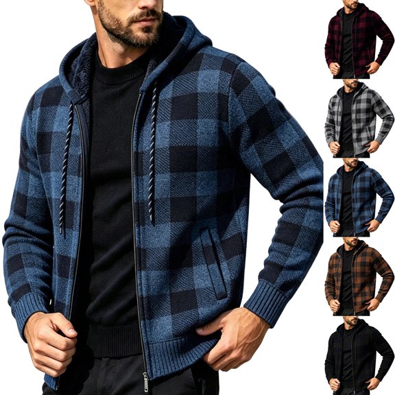 Ceisia Men Plaid Fleece Lined Hooded Jacket Buffalo Check Full Zip Drawstring Hood Side Pockets Warm Coat For Cold Weather Outdoor Casual Street Style Gift