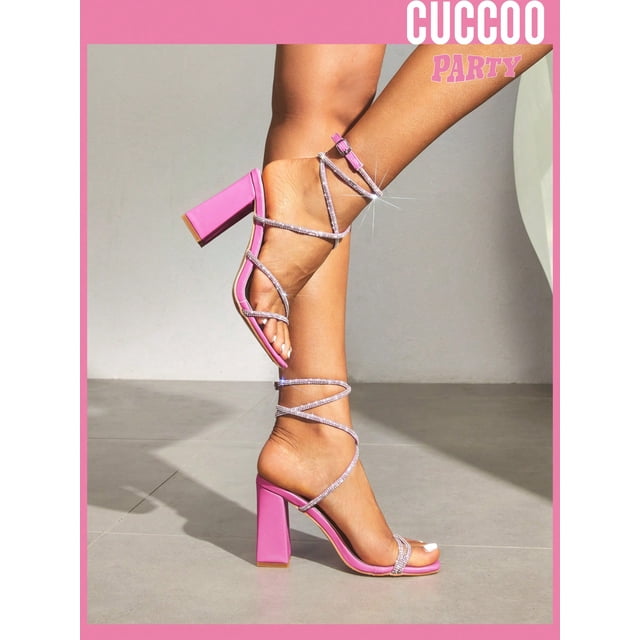 Party Collection Women Shoes Rhinestone Decor Chunky Heeled Ankle Strap Black Sandals Valentines Day