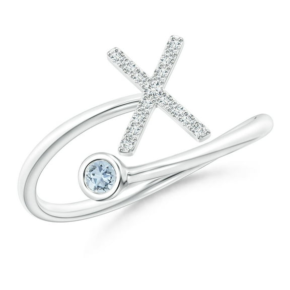 ANGARA Natural Capital "X" Diamond Initial Ring with Bezel-Set Aquamarine in 14K White Gold for Women (Size-2.5mm) | March Birthstone, Anniversary, Jewelry Gift for Women | Natural Aquamarine Ring