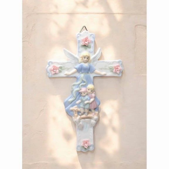 Ceramic Guardian Angel Watching Over Children Cross, Religious Decor or Gift, Baptism Gift