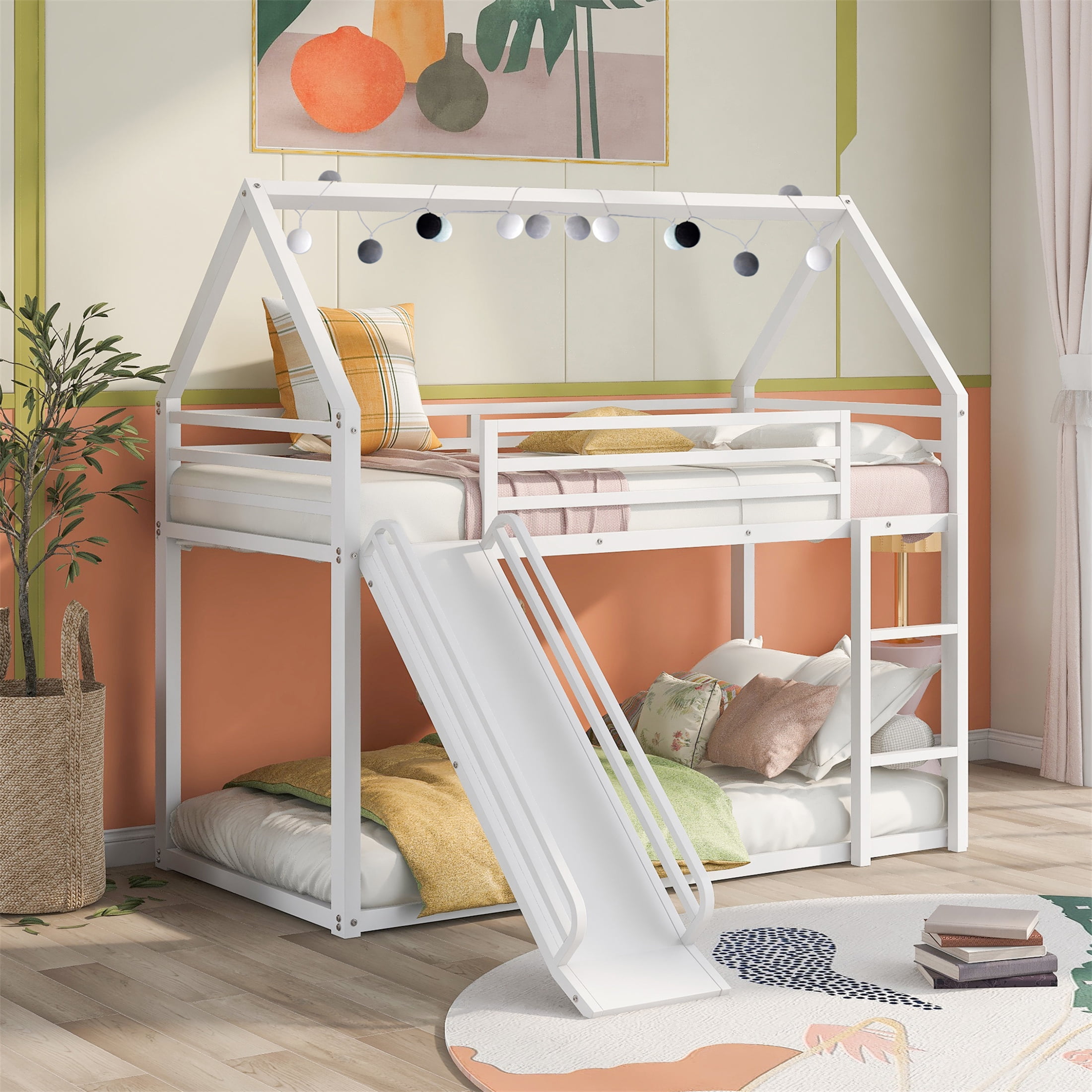 Aukfa Metal Bunk Bed with Slide, Twin over Twin, House Shape Loft Bunk Bed for Kids, White