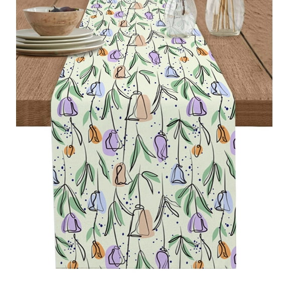Table Runner Dresser Scarves 90 Inch Long, Spring Flower Sketch Lines Floral Linen Dining Table Runners Plant Color Block on Yellow Tabletop Scarf for Wedding Holiday Party Kitchen