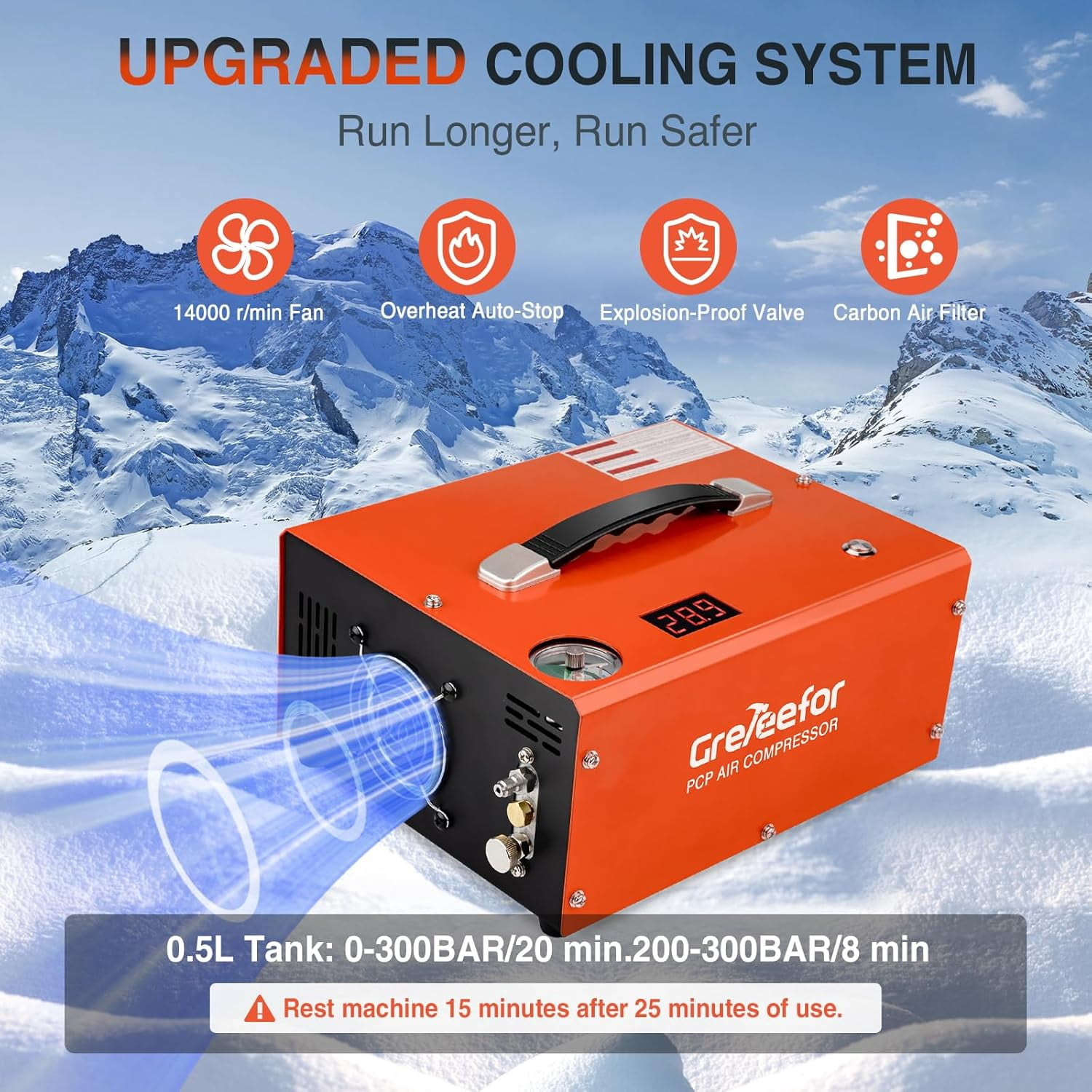 PCP Air Compressor 4500 PSI/30 MPa, 350W Oil-Free Portable Air Pump with Auto Shut-Off, 12V DC & 110V/220V AC for Air Rifles and HPA Tanks