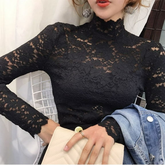 purcolt Women's Plus Size Floral Embroidery Lace Tops Long Sleeve Mock Neck See Through Mesh Underwear Blouse Shirts
