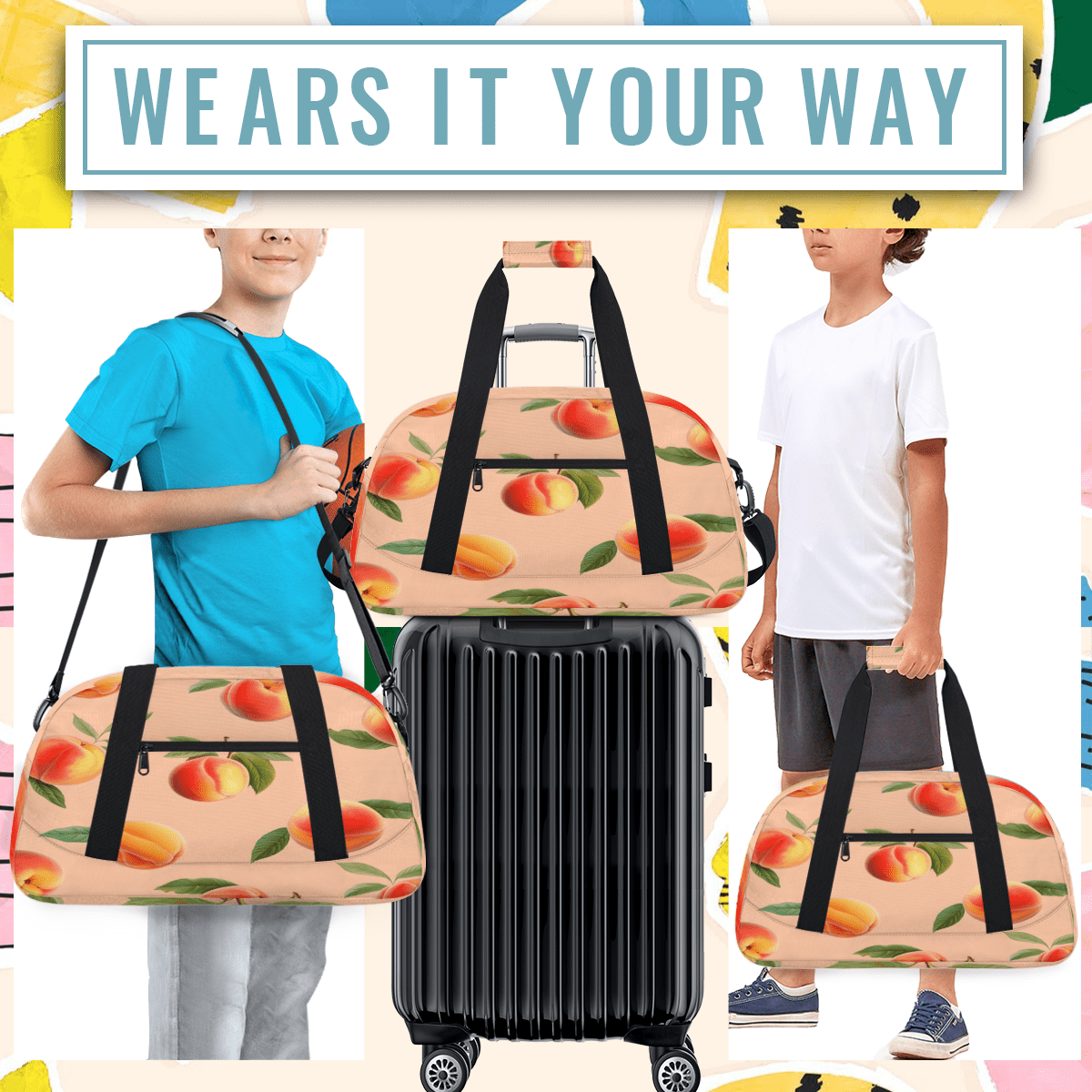 Herdesigns Peach Sports Duffle Bag for Women & Men, Peach Gym Bag Dance Bag Overnight Bag Carry On Weekender Travel Bag