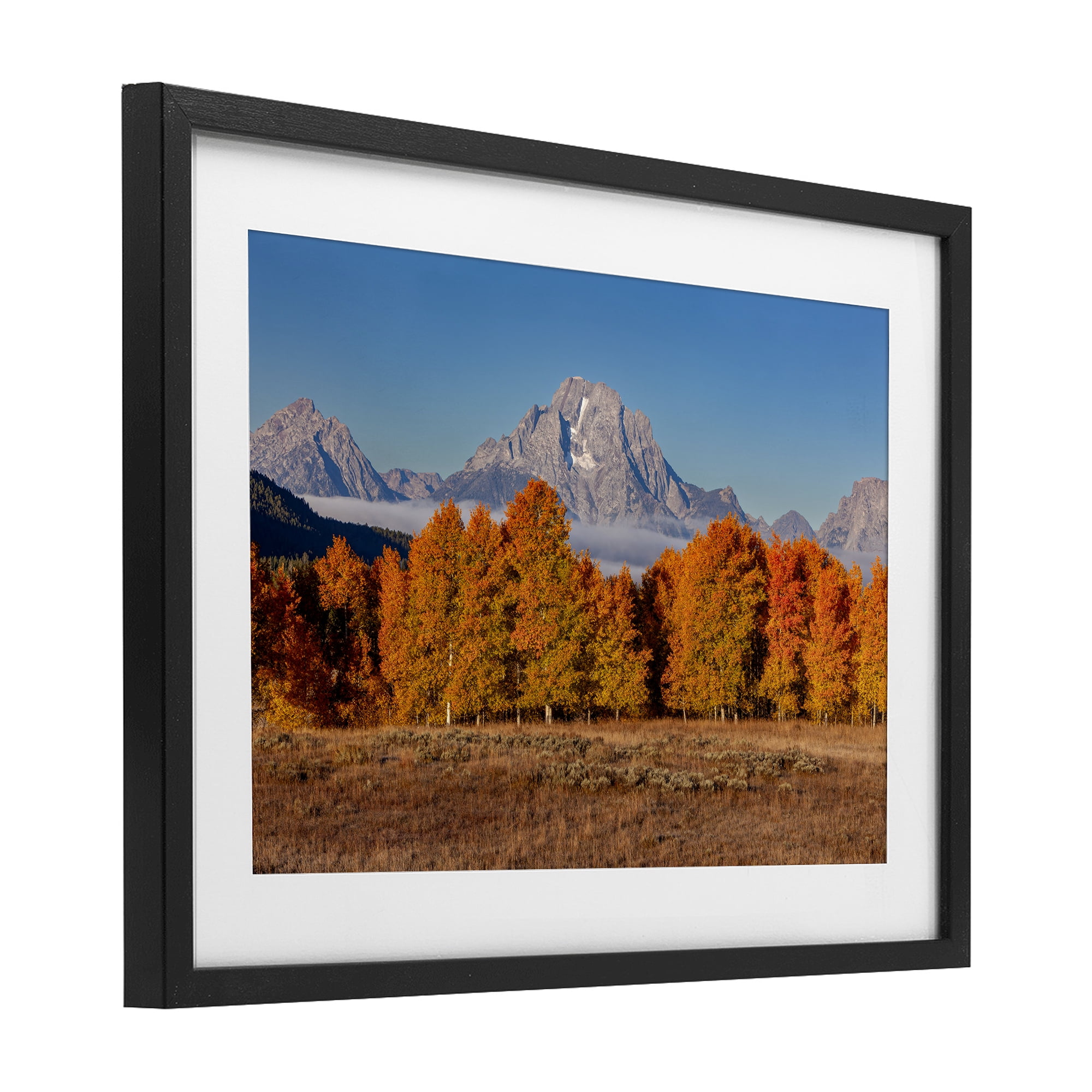 Autumn Tree Line With Mountain Black Framed Print Under Glass, design by Shelley Carlisle