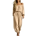 thumbnail image 2 of Karymi Summer Outfits 2 Piece Set, Off Shoulder Elastic Ruffle Bubble Loong Sleeve Loose Top & Elastic Drawstring High Waist with Pocket Jogger Pants Womens T Shirts, 2 of 7
