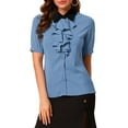 thumbnail image 5 of MODA NOVA Junior's Contrast Collar Tie Ruffle Button Short Sleeve Work Shirt Blue S, 5 of 6