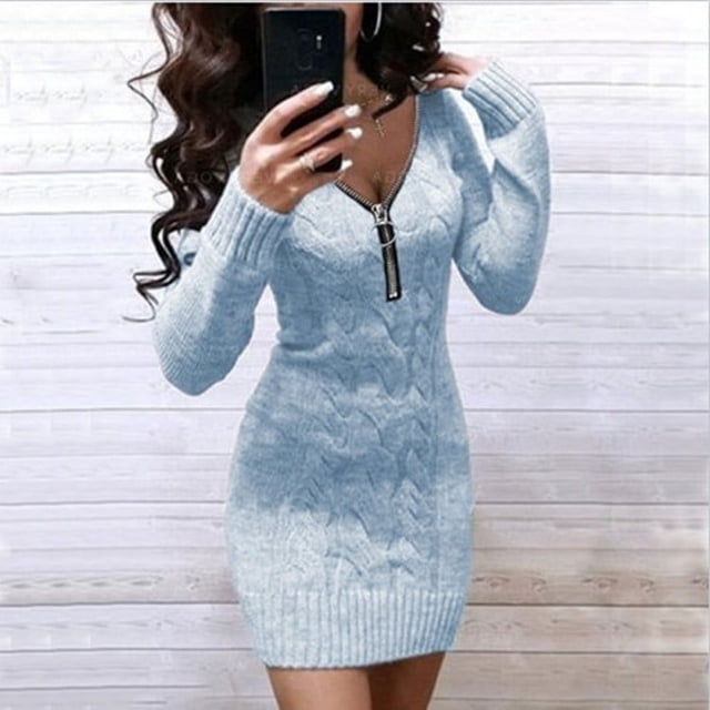Vestido tipo suéter de color liso con cuello en V y cremallera, suelto y torcido, adecuado para adultos jóvenes