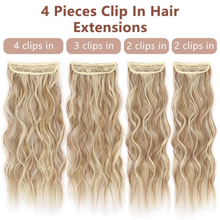 Clip in Long Wavy Synthetic Hair Extension 20 Inch Medium Ash Blonde 4PCS Thick Hairpieces Fiber Double Weft Hair for Women