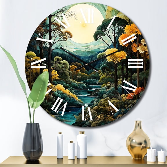 Designart "Emerald Canopy Bold Forest art painting VII" Landscapes Oversized Wall Clock