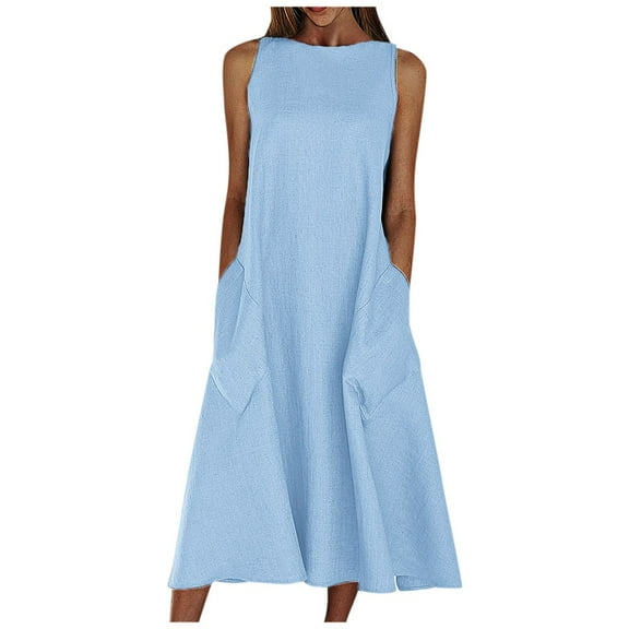 VSSSJ Womens Casual Summer Dresses Round Neck Sleeveless Loose Comfy Midi Solid Color Beach Holiday Flowy Long Dress with Pockets Blue XXL