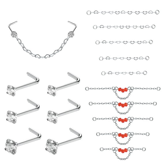 Zs 16Pcs/Set Red Beads Nose Chain Piercing Across Nose Stud Claw Cubic Zirconia Nose Bone/L Shaped/Corkscrew Nose Rings