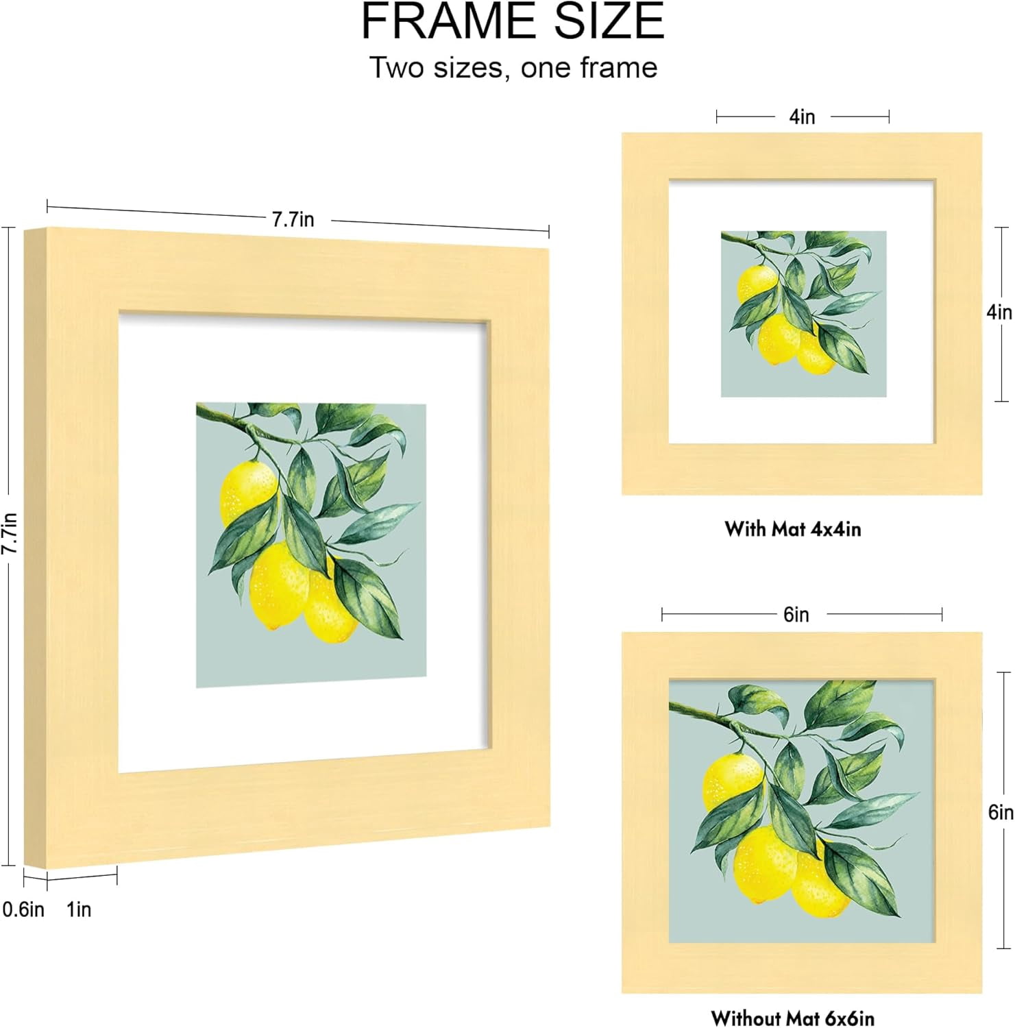6x6 Picture Frame Set of 2, Made of Real Glass and Gold Wooden Frame - Display Square 4x4 with Mat or 6x6 Without Mat, 6 by 6 Photo for Wall or Tabletop