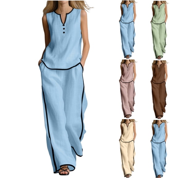Favoffer Women V Neck Sleeveless Coords Button Closure Solid Color Tops Loose Casual Long Pants Set with Storage Pockets for Leisure Daily
