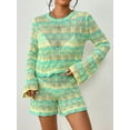 thumbnail image 4 of FOCUSNORM Ensemble de Vêtements pour Femmes 2 Pcs Shorts d'Automne Rayures Patchwork Col Rond Manches Longues Pull Hauts Tricotés Shorts, 4 of 8