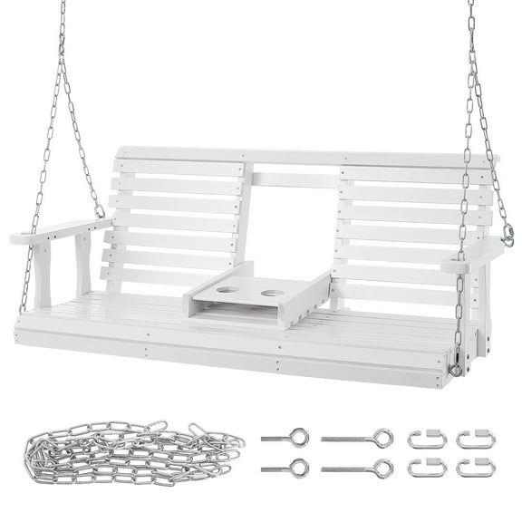 KFFKFF Wooden Swing 5 ft, Outdoor Bench Swing for Patio & Garden, Enhanced 880 lbs Capacity, Durable Outdoor Swing Seat with Chains, White