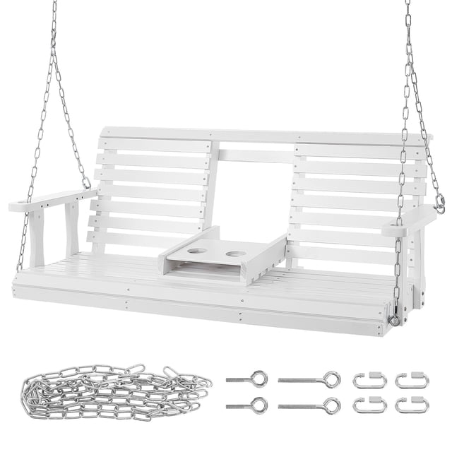 KFFKFF Wooden Swing 5 ft, Outdoor Bench Swing for Patio & Garden, shown in white with a durable fir wood construction and triple-layer PU paint coating. The swing features a foldable center cup holder, slatted backrest, and armrests for comfort. Supported by galvanized steel chains with safety locks, it has an 880 lbs capacity. Includes pre-drilled holes and hardware for easy assembly. Accessories like chains, bolts, and safety locks are displayed below the swing.
