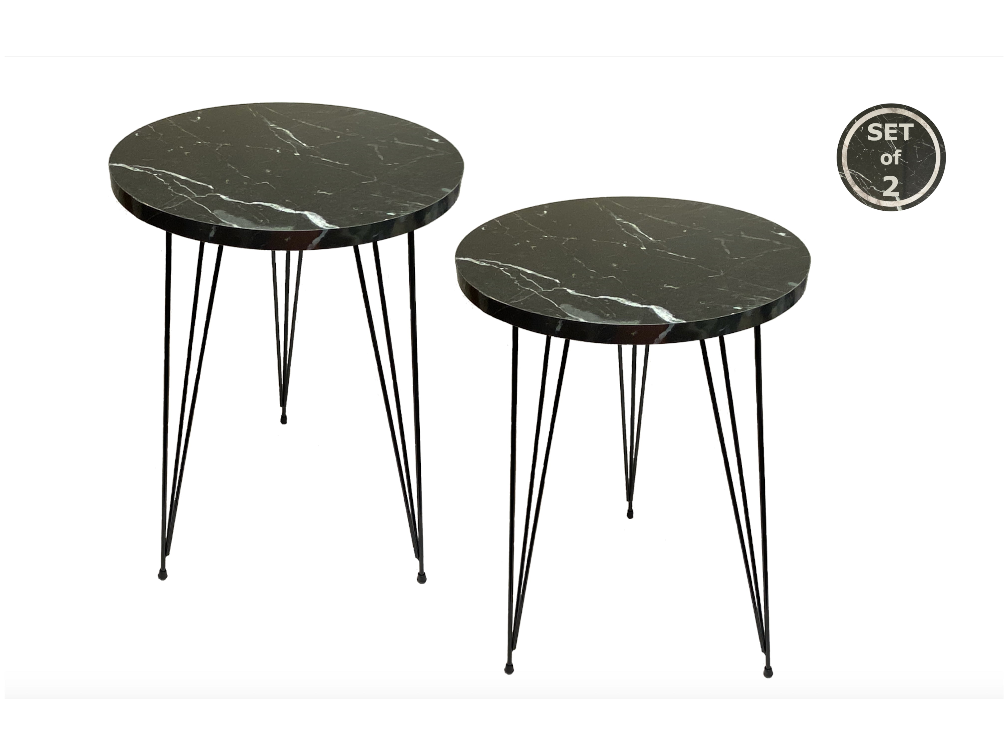 PAK HOME - Set of 2 Black Marble Look Wood Round Sofa Side Tables for Small Spaces, Nightstand Bedside Table with Metal Legs - BLACK