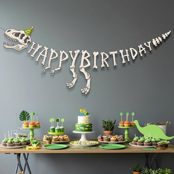 Cheerland Fossil Dinosaur Happy Birthday Banner Dinosaur Party Decorations Dino Birthday Banner Garland Sign for Kids Boys Baby Shower Supplies