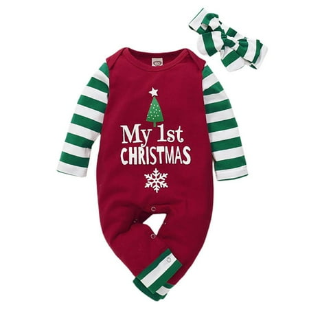 

Newborn Baby Boys Girls Christmas Outfits Romper+Headband Cartoon Pattern Striped Long Sleeve Jumpsuit Infant One-piece Clothing 0-18M