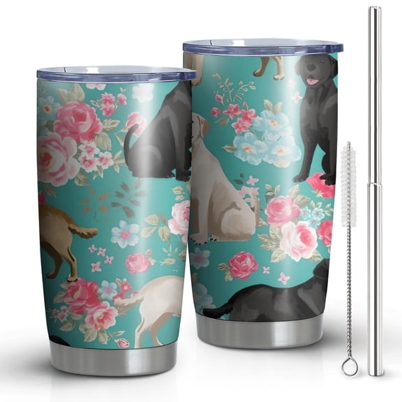 20oz Tumblers Labrador Dogs with Pioneer Flower Stainless Steel Vacuum Insulated Double Wall Travel Tumbler Cups Mug with Lid and Straw,Cleaning Brush for Cold & Hot Drinks
