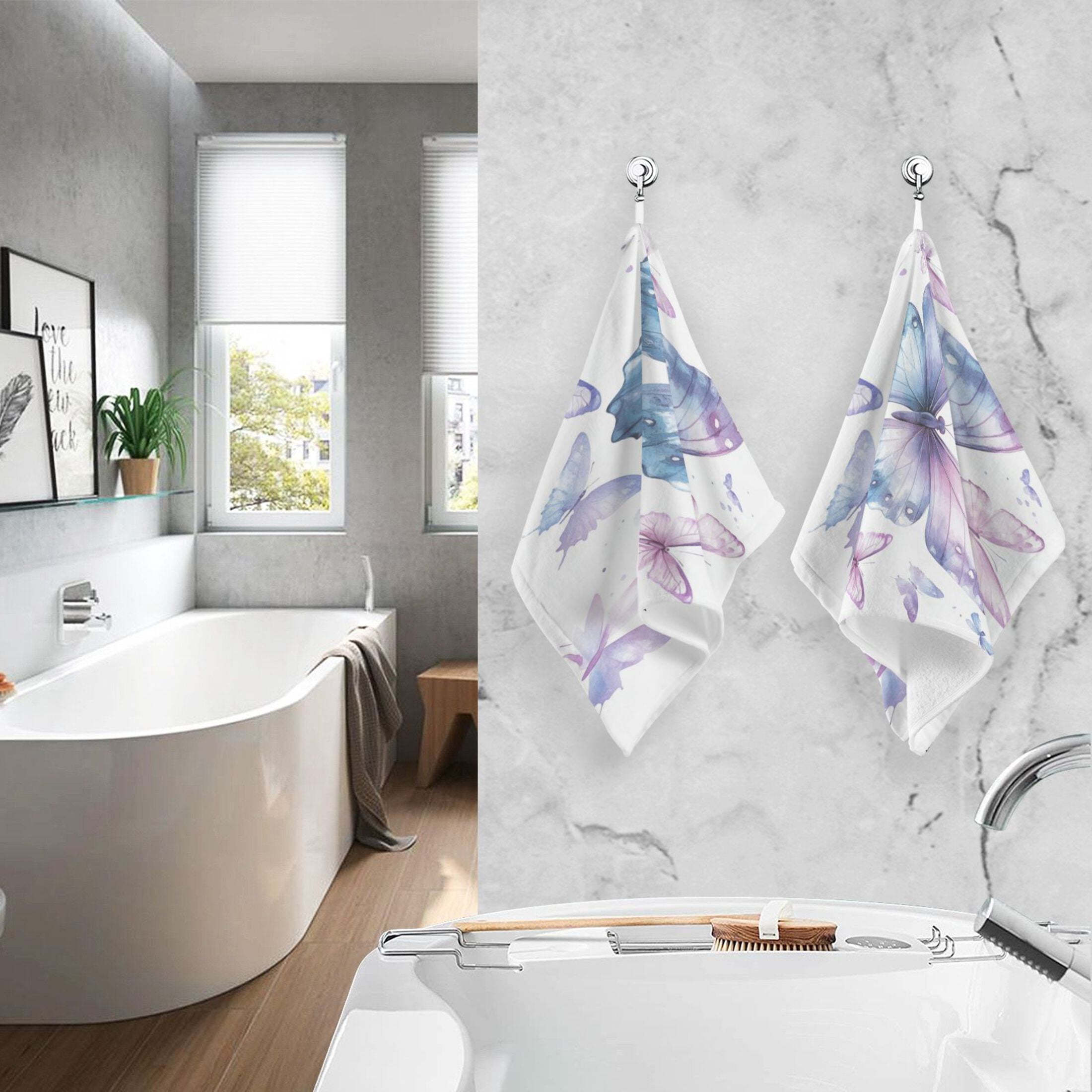 2 Pcs Absorbent Face Towel Bath Hand Towels Soft Breathable Cotton Towel Set for Bathroom Kitchen Hotel Spa Decor A Flock Of Butterflies