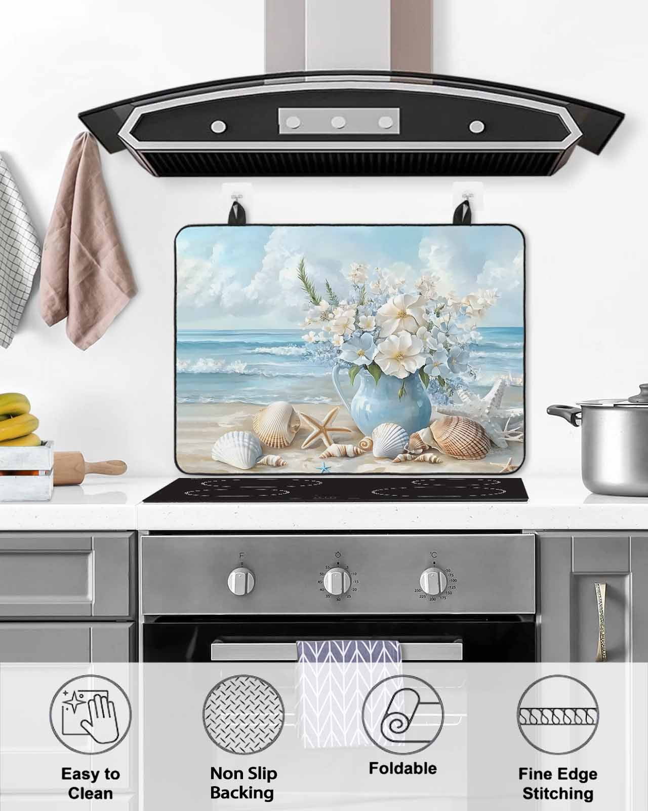 nqOlkjepod Large Induction Cooktop Protector Mat 36"x21", Coastal Flowers Stove Top Covers for Electric Stove, Blue Ocean Starfish Shell Beach Scenery Stove Burner Cover Mats, Glass Top Stove Cover