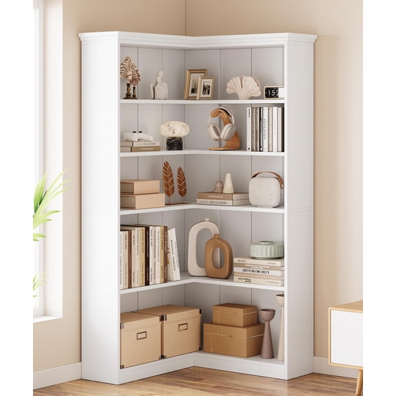 Corner Bookshelf 72.8in Farmhouse Bookcase Large Bookshelves Wood Bookcase Tall 5 Tier Corner Shelf L Shaped Bookshelf Storage Display Rack Living Room Bedroom