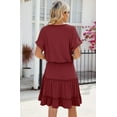 thumbnail image 3 of Womens Summer Dresses Casual Smocked V Neck Flutter Sleeve Cute T Shirt Sundress Solide Color Midi Beach Vacation Dresses (Wine red,Small), 3 of 6