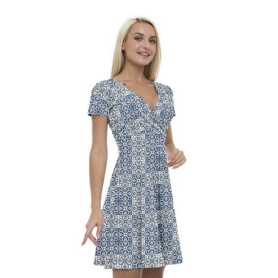 Women’s A Line Ethnic Summer Dress, Retro Triangle Arrangement, Cross Wrap V Neck, 6 Sizes, by Ambesonne