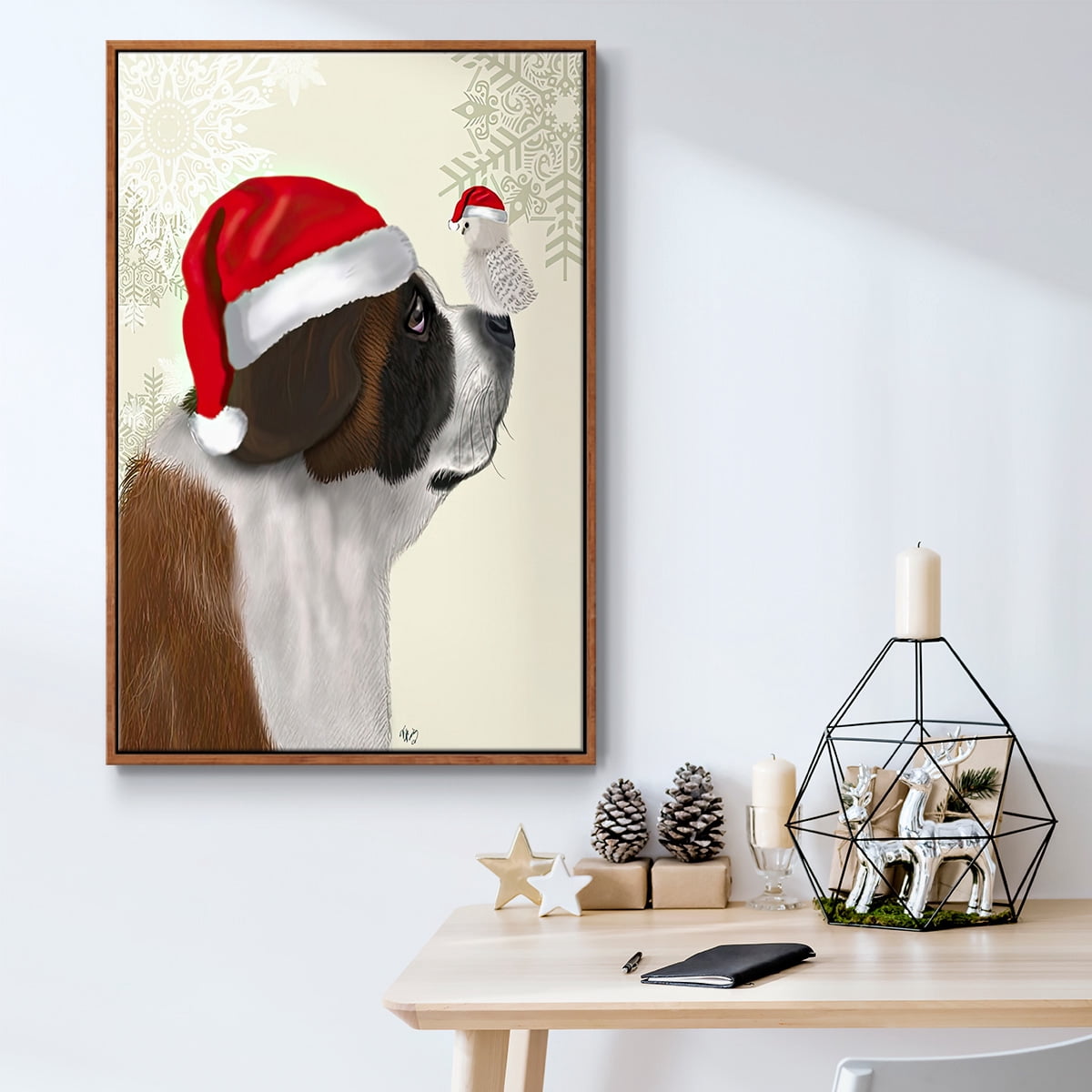 Christmas St Bernard and Fluffy Owl - Framed Gallery Wrapped Holiday Canvas - 25 x 37 - Rosewood Frame