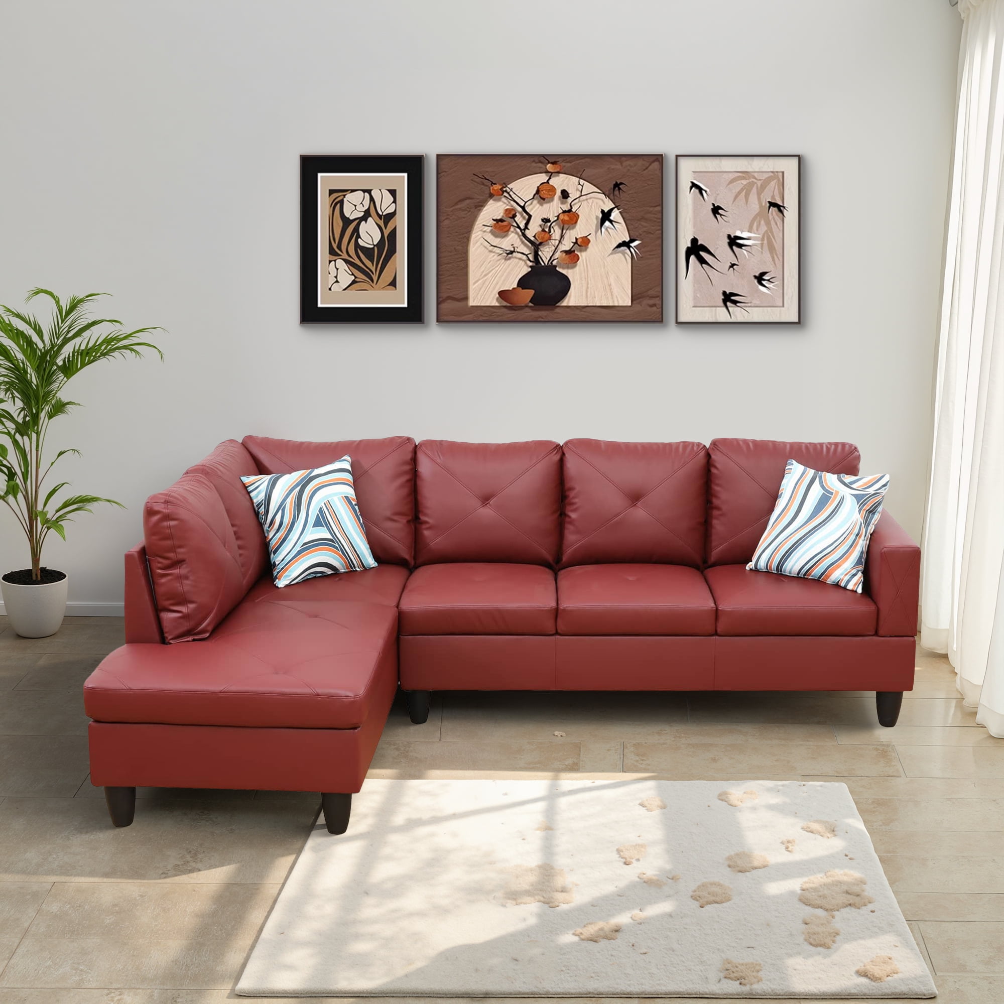 MAYEERTY Faux Leather 3-Piece Couch Living Room Sofa Set，Red