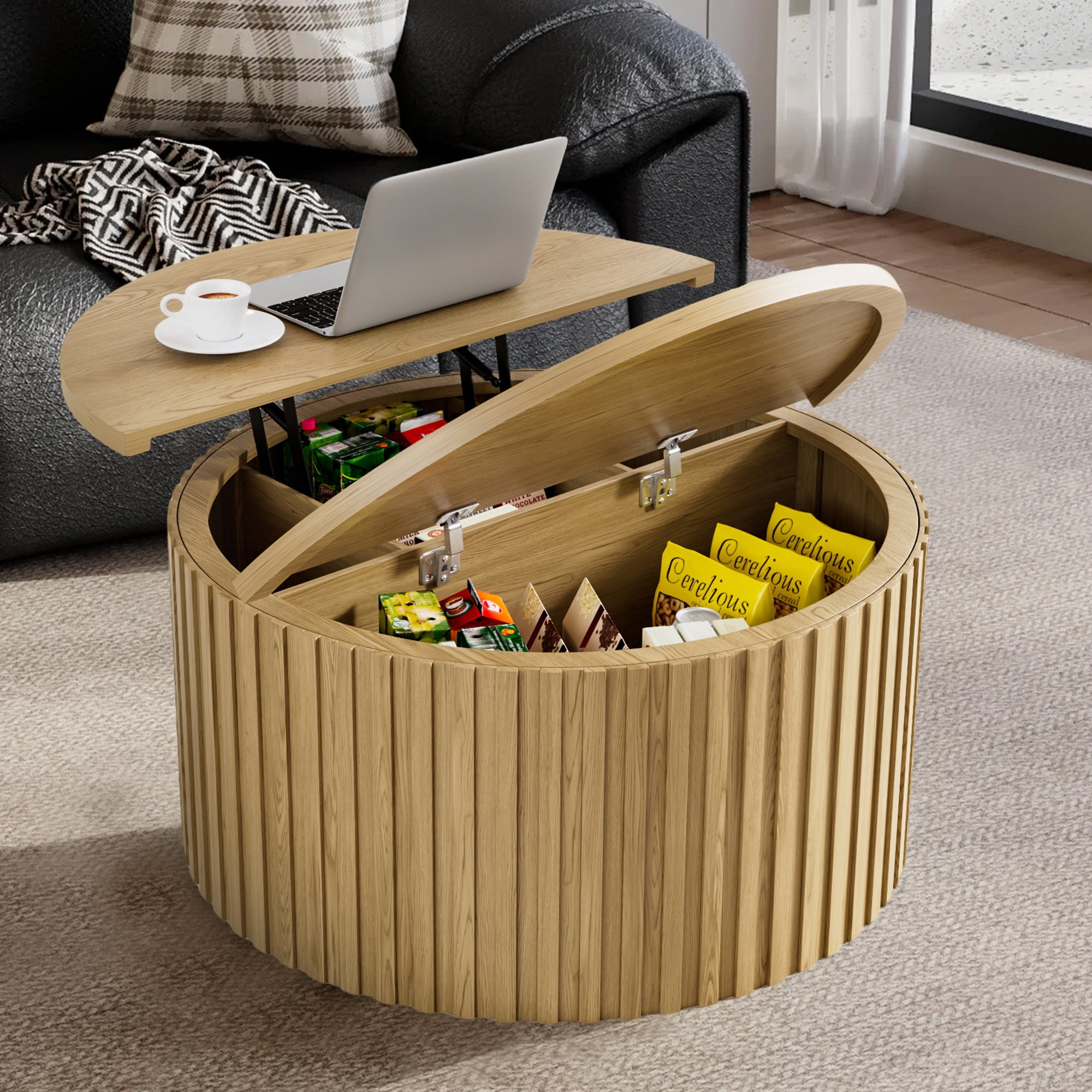 Round Coffee Tables for Living Room, Lift Top Coffee Table with Storage, Circle Center Table for Office, Wood Color