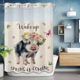 thumbnail image 2 of Pig No Hook Shower Curtain with Snap in Liner Watercolor Spring Pink Yellow White Floral Wreath Butterfly Linen Texture Waterproof Bathroom Shower Curtain with See Through Top Window 60" x 72", 2 of 9