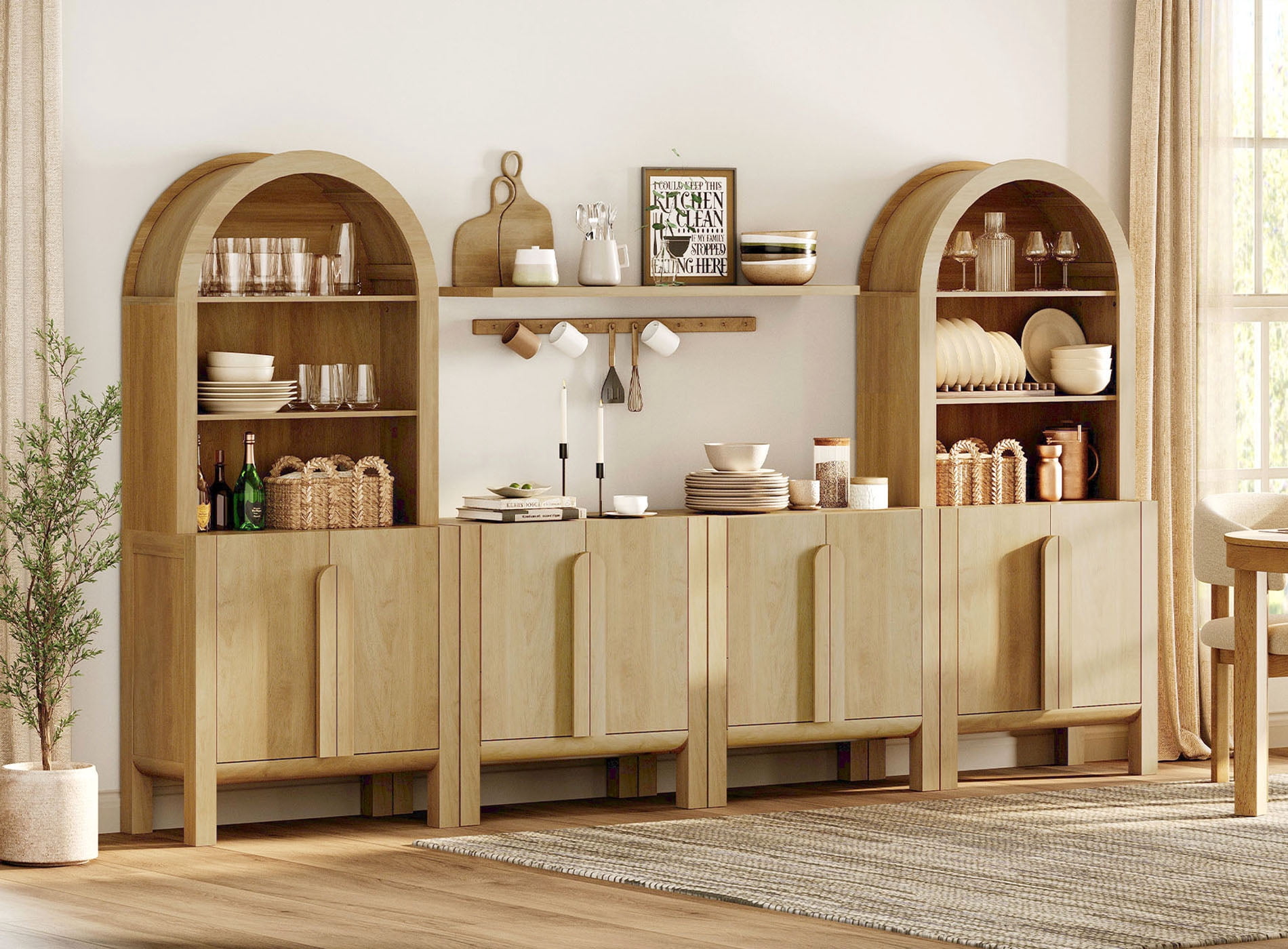 126"W Large Kitchen Hutch Sideboard Buffet Cabinet, Arched Pantry Storage Cabinet with 8 Wood Doors And 10 Tier Shelves
