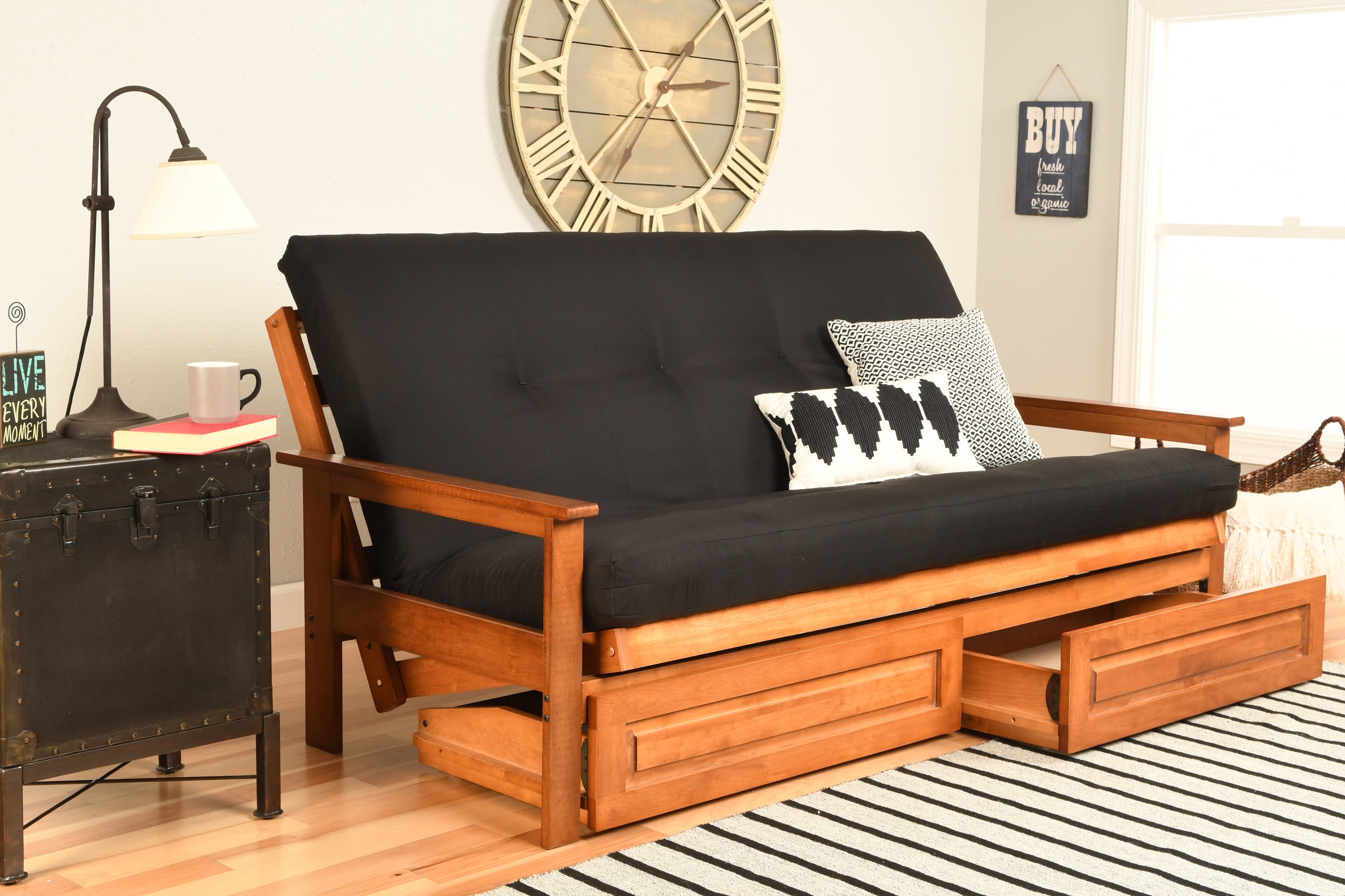 Albany Futon with storage in Barbados Finish, Multiple Suede Colors