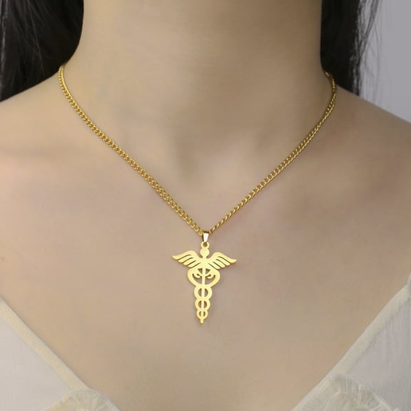 Medical Symbol Pendant 14K Yellow Gold Necklace for Men And Women Angel Wings Nurse's Day Graduation Gift Golden Silver Color Jewelry Gift
