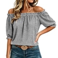 thumbnail image 2 of Ayolanni Ruffled Womens Blouses Plaid V-Neck Elastic Short Sleeve Blouse Casual Loose Puff Off the Shoulder T-Shirt Tops for Women Black L, 2 of 8