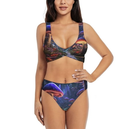 Zeuib Jungle Path Glowing Mushrooms High Waisted Tummy Control Bikini Set - Knot Front Push Up Top & Cheeky Thong Bottom  Two-Piece Swimsuit for Women-Small