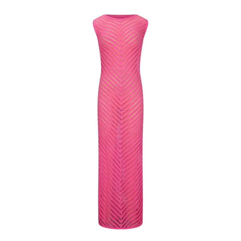 Women's Crochet Knitted Maxi Dress Casual Sleeveless Hollow High Slit Beach Party Cover Up Long Dresses