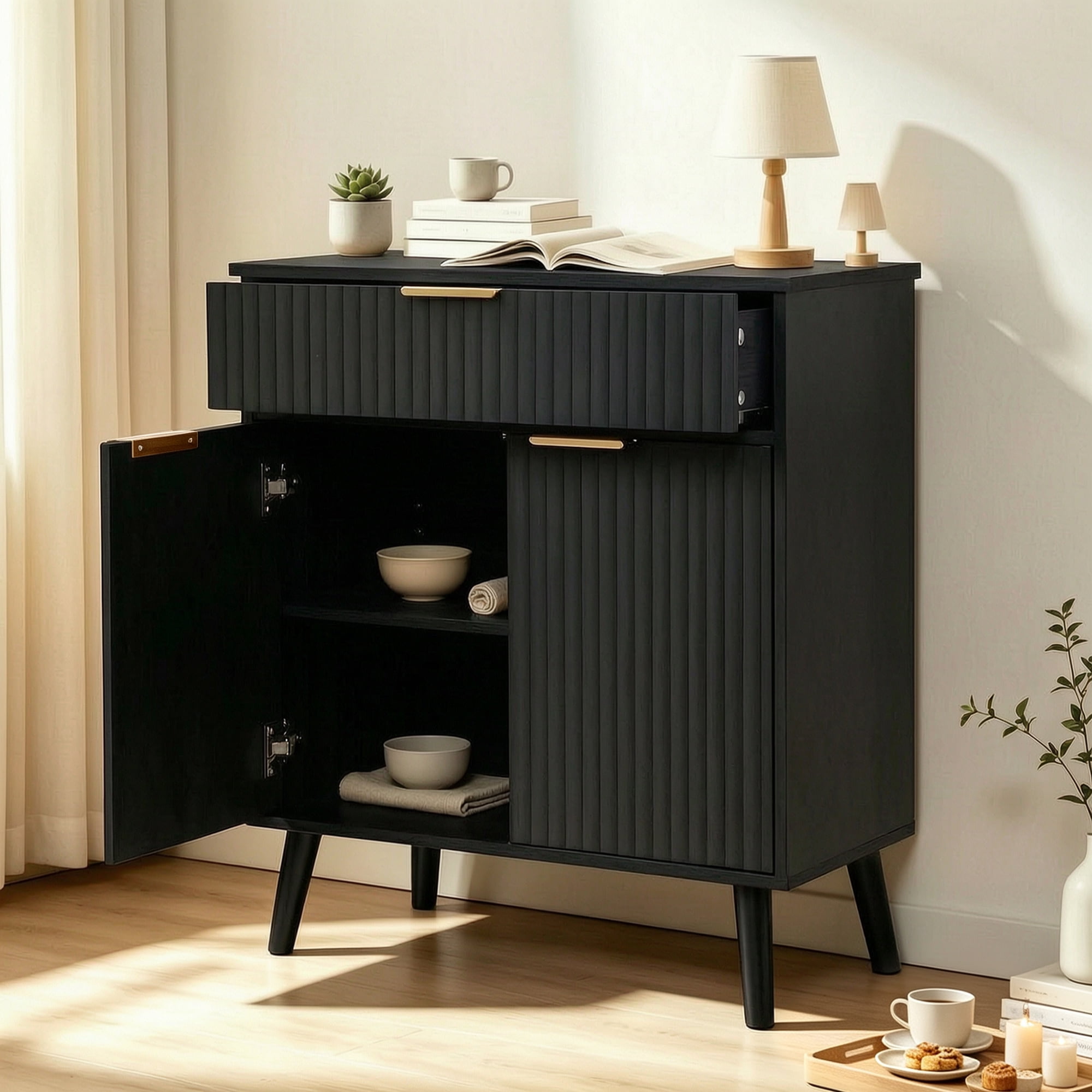 Leumius Kitchen Storage Cabinet with Adjustable Shelves,1 Drawer & 2 Doors,Sideboard Buffet Cabinet with Solid Wood Feet for Living Room, Kitchen, Entryway, Black