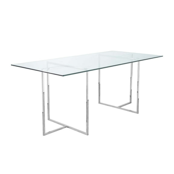 Nisa 71 Inch Dining Table, Tempered Glass Rectangular Top, Chrome Metal